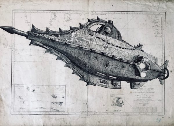 Le Nautilus, encre de chine sur carte marine, 70x110cm, 2020
