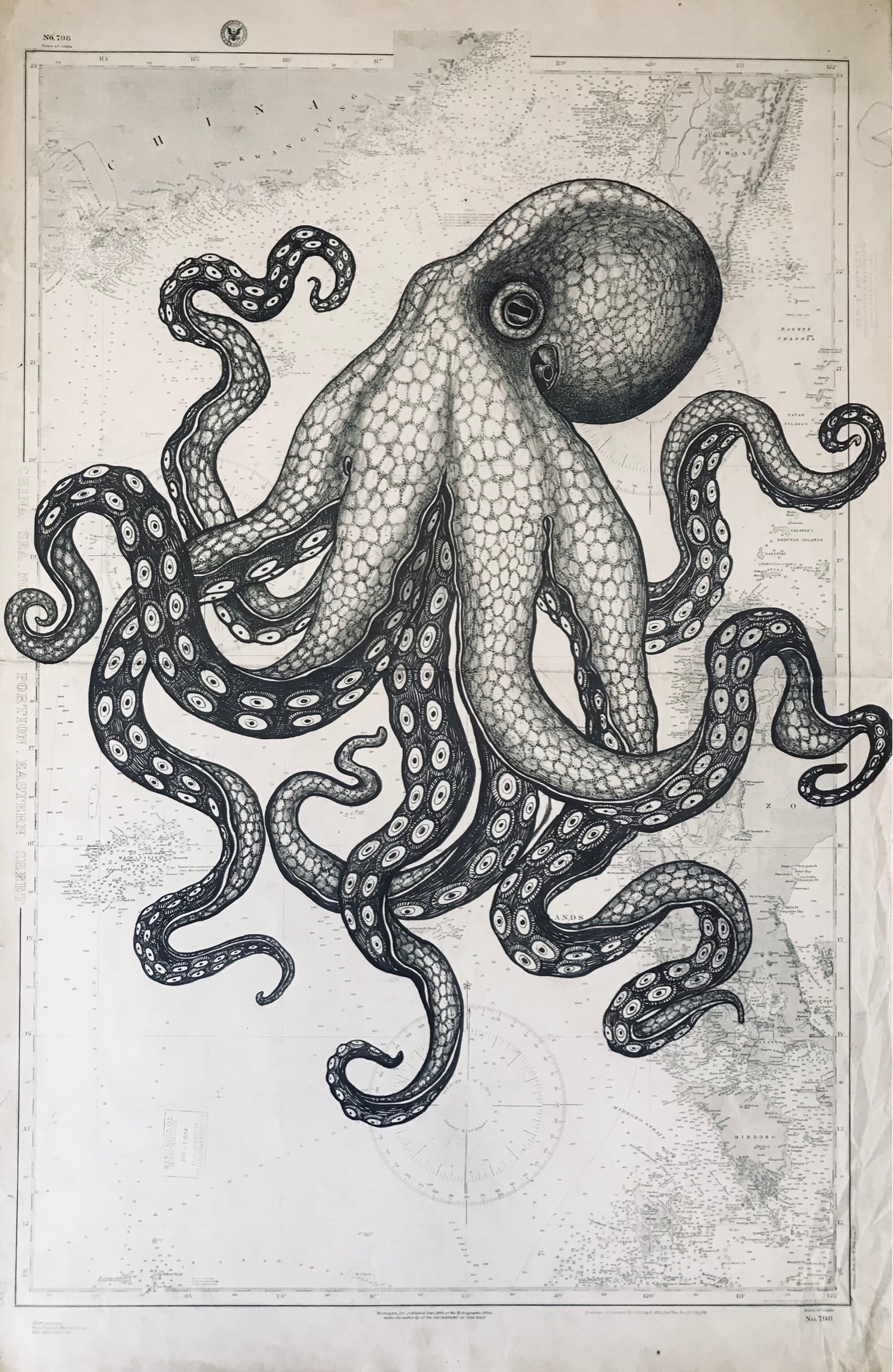 La pieuvre, encre de chine sur carte marine, 107x70cm, 2019