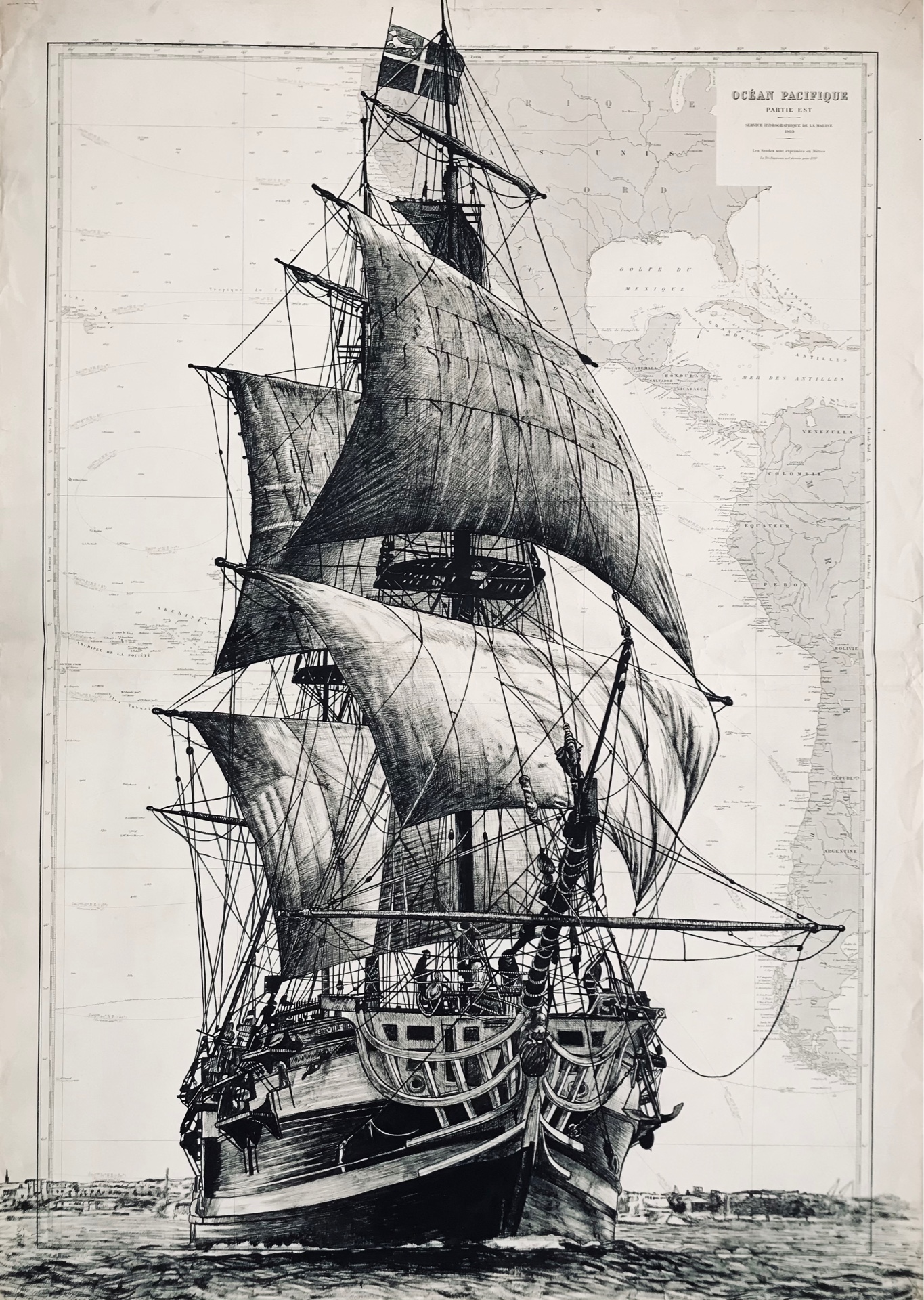 L'Etoile du Roy, encre de chine sur carte marine, 110x70cm, 2021