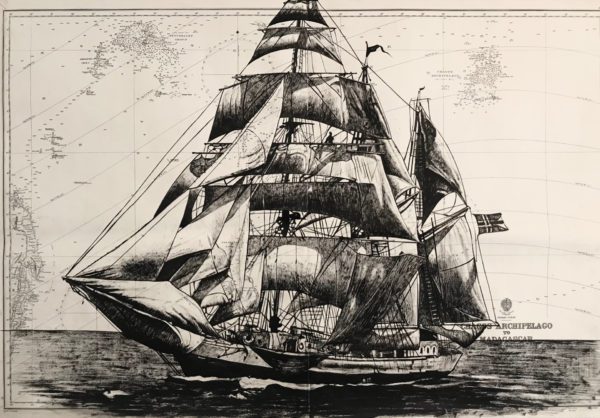 Regina Maris, encre de chine sur carte marine, 110x72cm, 2022