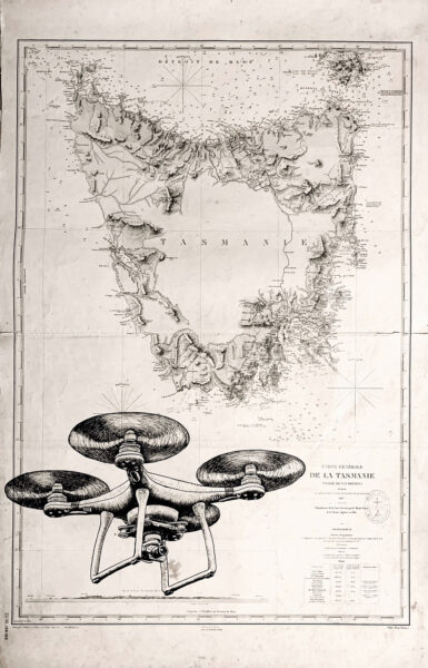 Drone, encre de chine sur carte maritime, 110 x 70cm, juillet 2023