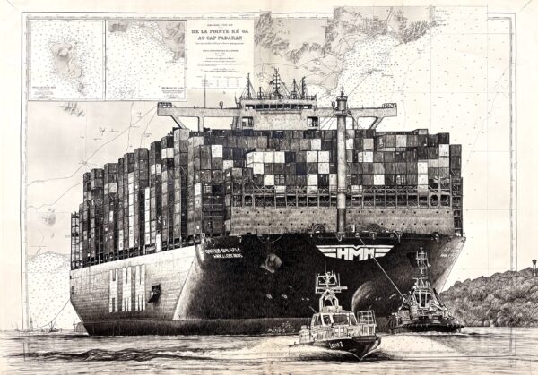 Cargo, encre de chine sur carte marine